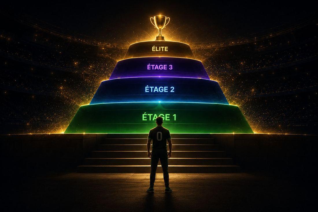Pyramide des étages SportZero — un joueur face à l'ascension Élite, Étage 3, Étage 2, Étage 1