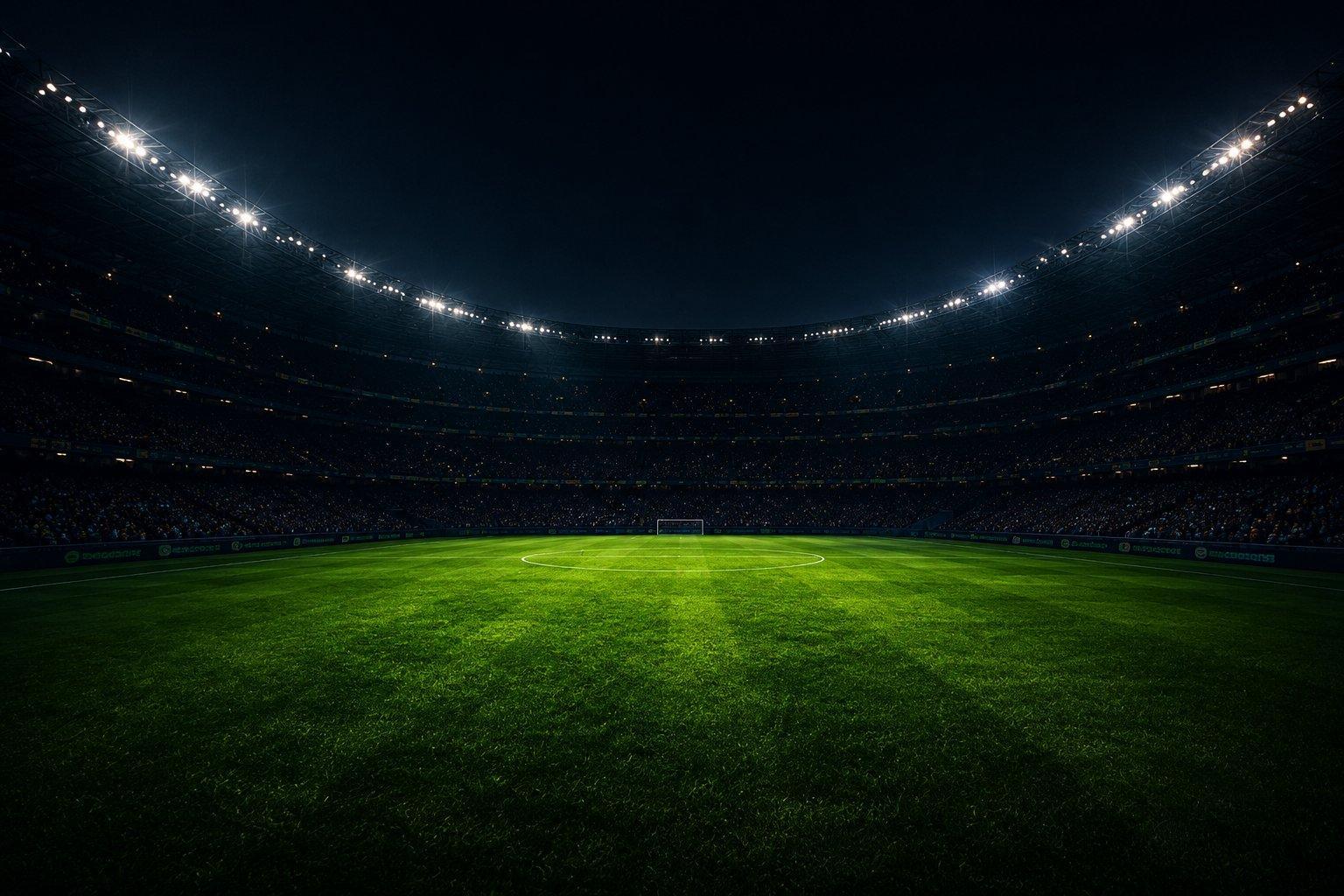 Stade de football vide la nuit, projecteurs allumés et pelouse éclairée